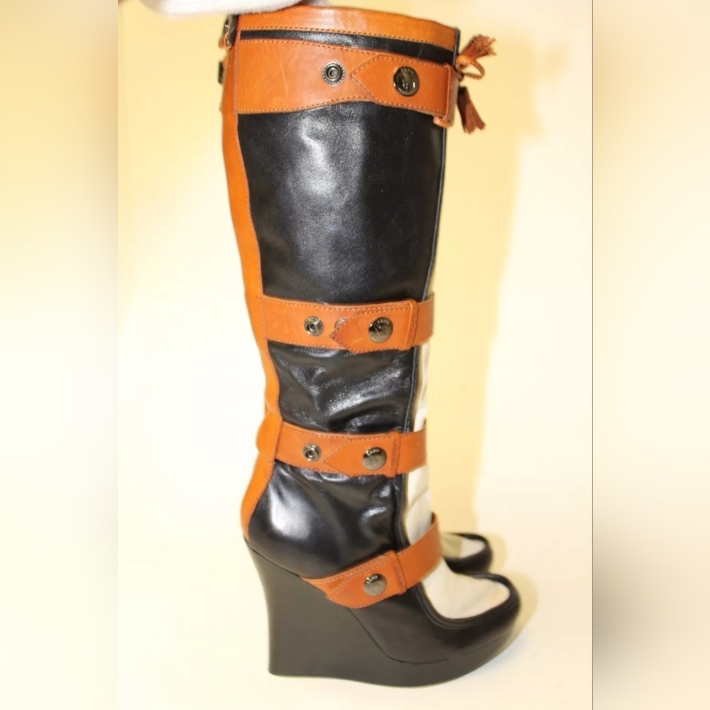 L.A.M.B. Baby  7.5 39 Leather Wedge Strap Knee High Boots - Picture 6 of 15